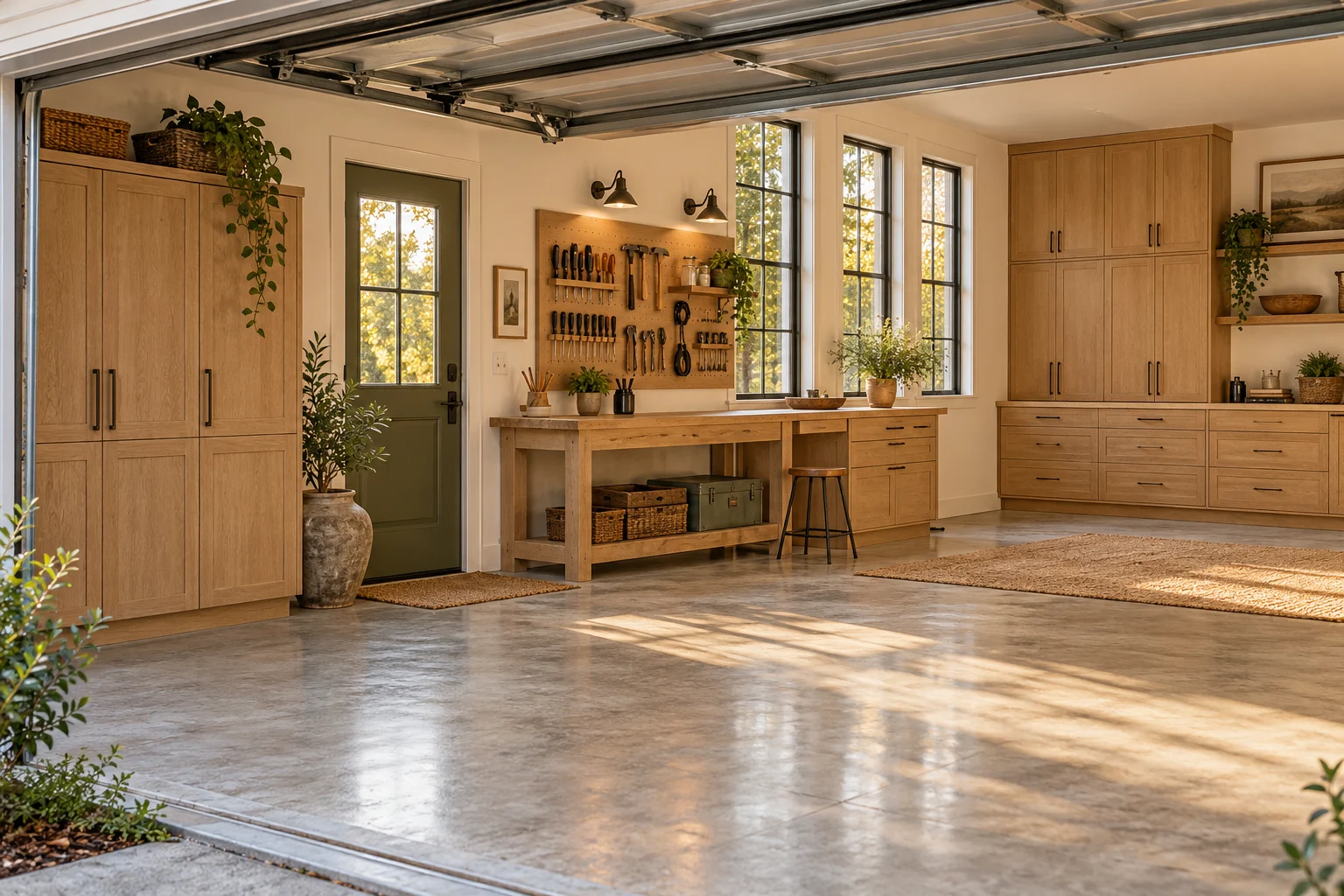 Illustrative organized garage workshop with a wood bench and closed storage